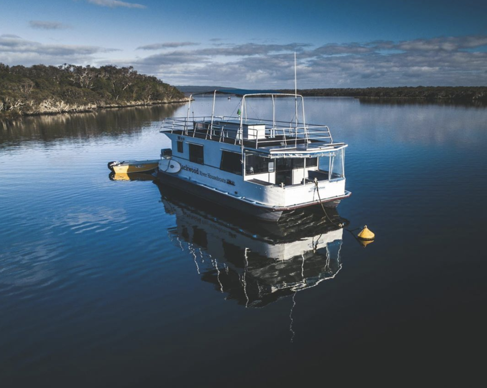 An aerial photo of a Blackwood River houseboat on WA's Margaret River
