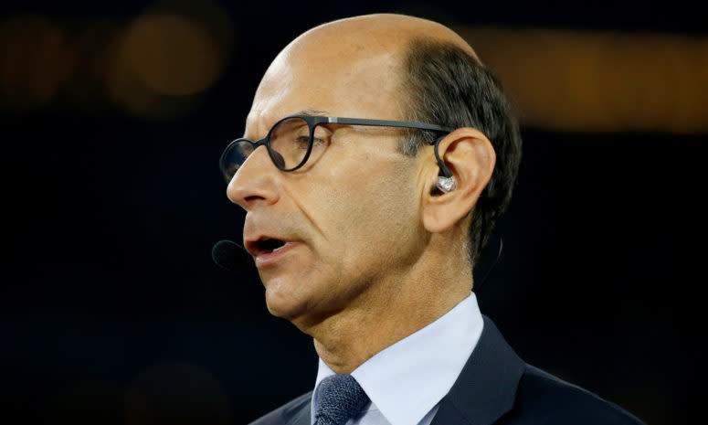 An extreme closeup of ESPN college football analyst Paul Finebaum from 2019.