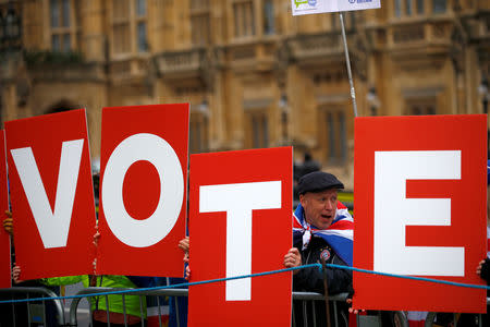 Anti-Brexit demonstrators hold placards outside the Houses of Parliament in London, Britain, December 10, 2018. REUTERS/Henry Nicholls