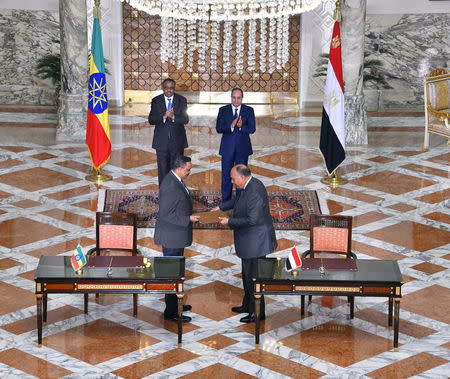 Egyptian President Abdel Fattah al-Sisi (Back-R) and Ethiopian Prime Minister Hailemariam Desalegn gesturing as Egyptian Foreign Minister Sameh Shoukry and Ethiopian Foreign Minister Workneh Gebeyehu exchange documents during the meeting in the Egyptian Presidential Palace in Cairo, Egypt, January 18, 2018 in this handout picture courtesy of the Egyptian Presidency. The Egyptian Presidency/Handout via REUTERS