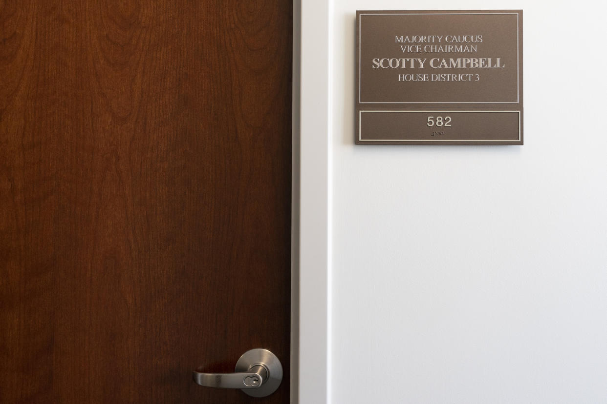 A nameplate is displayed outside the legislative office of Rep. Scotty Campbell, R-Mountain City, Thursday, April 20, 2023 in Nashville, Tenn. Campbell resigned Thursday due to an ethics violation involving the Legislature's workplace discrimination and harassment policy. (AP Photo/George Walker IV)