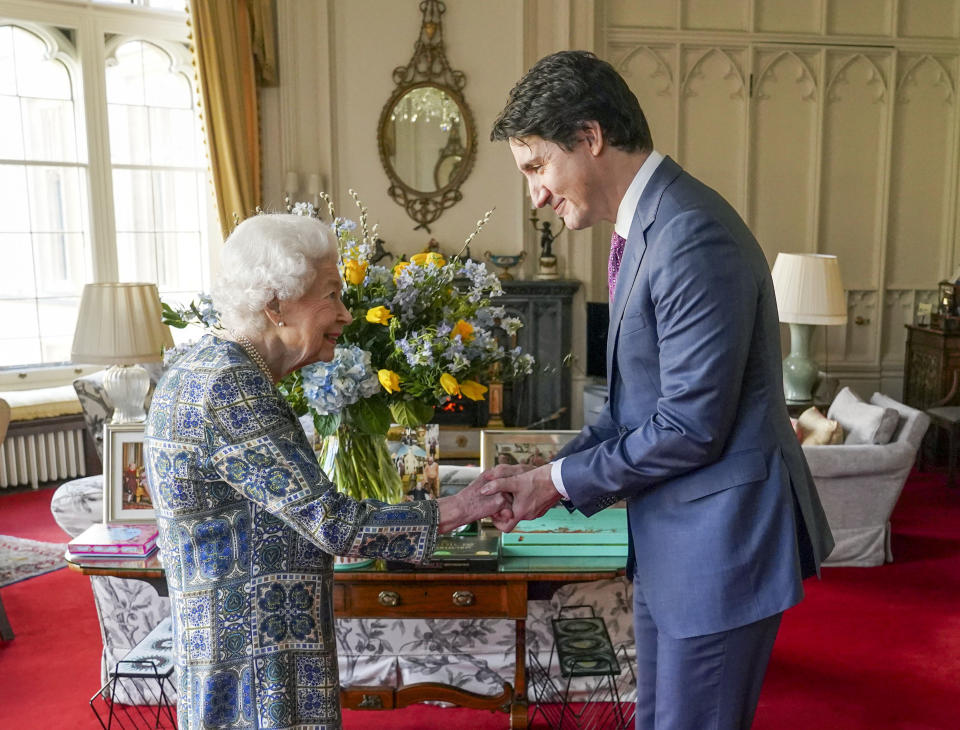 <p>The Queen receives Canadian prime minister Justin Trudeau during an audience at Windsor Castle on 7 March 2022. It was her first face-to-face meeting since testing positive for coronavirus a few weeks earlier. (PA)</p> 