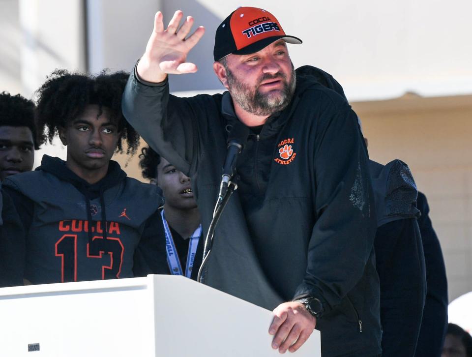 Cocoa football head coach Ryan Schneider addresses the crowd gathered in Riverfront Park to celebrate the team’s fifth state championship Saturday, January 7, 2023. Craig Bailey/FLORIDA TODAY via USA TODAY NETWORK