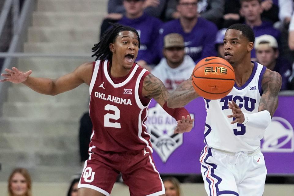 TCU guard Avery Anderson III (3) passes the ball away from Oklahoma guard Javian McCollum (2) during the first half of an NCAA college basketball game in Fort Worth, Texas, Wednesday, Jan. 10, 2024. (AP Photo/LM Otero)