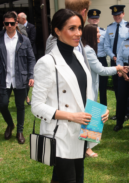 <p>She wore a pair of black jeans and her favourite black heels, Aquazurra’s Deneuve bow pumps.<br></p><p>In terms of Australian brands, she completed her accessories with an Oroton Avalon Zip Top Crossbody bag <a rel="nofollow noopener" href="https://www.oroton.com.au/meghan-markle-pre-order/?sc_lid=aud&gclid=EAIaIQobChMI1O7p_NWW3gIVmXZgCh1-pg_HEAQYASABEgJCrvD_BwE" target="_blank" data-ylk="slk:(AU $295);elm:context_link;itc:0;sec:content-canvas" class="link "><span>(AU $295)</span></a> she has used before. <br>Photo: Getty </p>