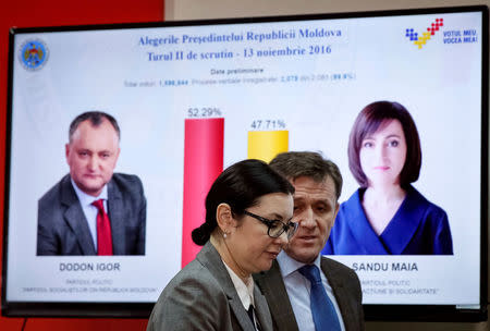 Central Election Commission chairman Alina Russu speaks with her colleague, Iurie Ciocan after a news conference at the commission's headquarters in Chisinau, Moldova, November 14, 2016. REUTERS/Gleb Garanich