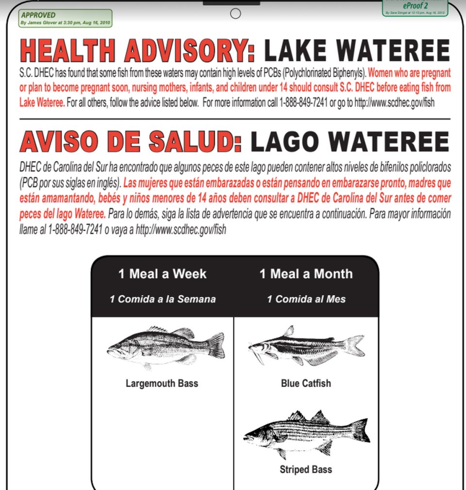 Signs like these warn of PCB pollution in fish. Lake Wateree north of Columbia is among the lakes in South Carolina where fish contain PCBs, a toxic chemical.