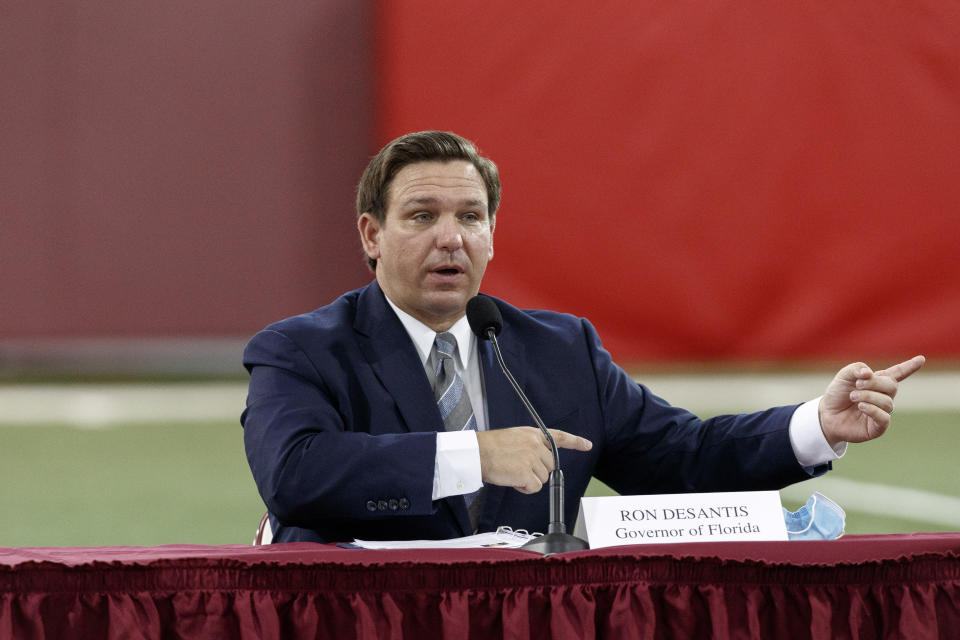 Florida Governor Ron DeSantis speaks during a collegiate athletics roundtable about fall sports at the Albert J. Dunlap Athletic Training Facility on the campus of Florida State University on August 11, 2020 in Tallahassee, Florida. (Don Juan Moore/Getty Images) 