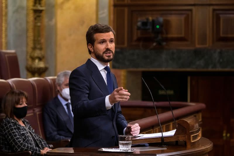 Spain's main opposition and PP leader Casado attends a no confidence motion in Madrid