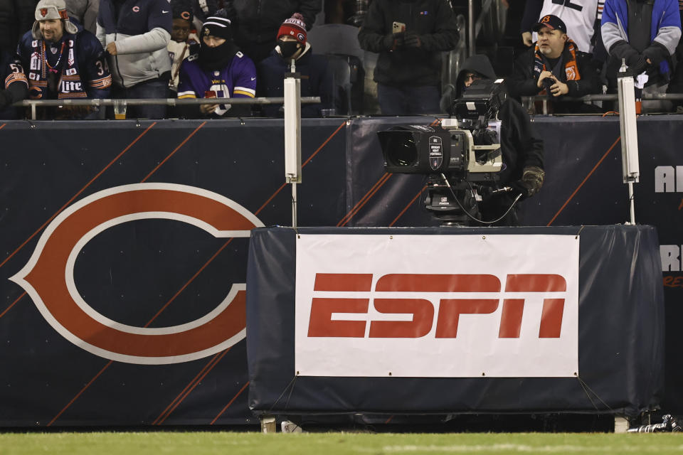 ESPN Monday Night Football TV camera is seen during the second half of an NFL football game between the Chicago Bears and Minnesota Vikings, Monday, Dec. 20, 2021, in Chicago. (AP Photo/Kamil Krzaczynski)