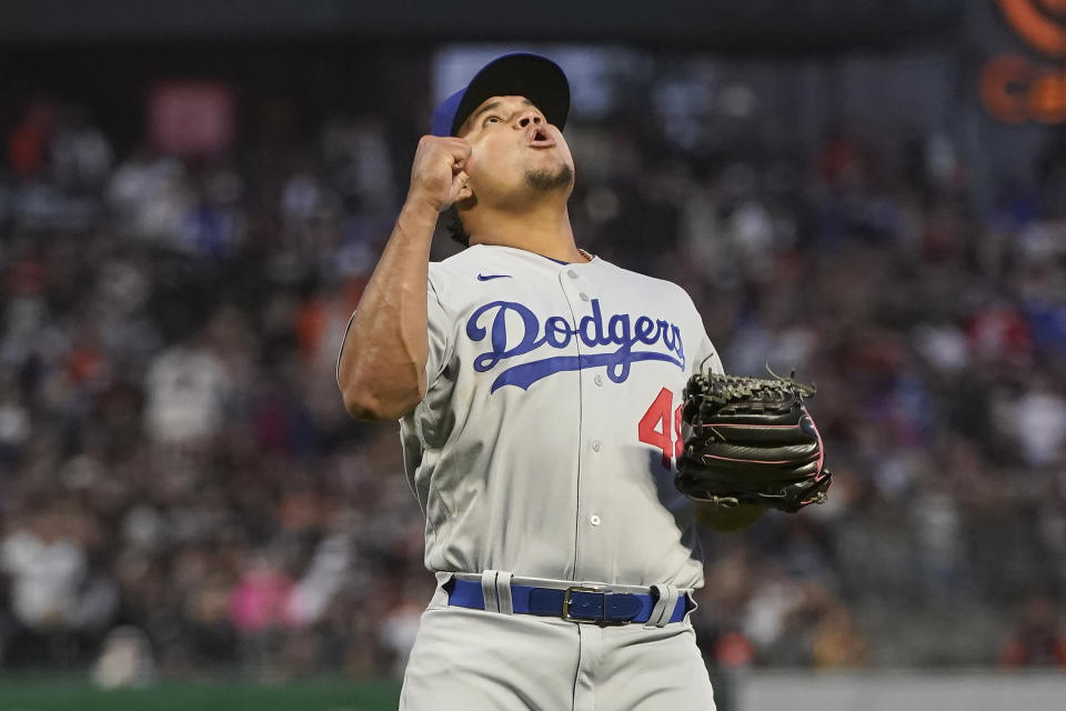 Los Angeles Dodgers pitcher Brusdar Graterol reacts after San Francisco Giants' Wilmer Flores lined out to end the sixth inning of a baseball game in San Francisco, Tuesday, July 27, 2021. (AP Photo/Jeff Chiu)