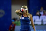 Tennis - Wuhan Open Women's Singles final - Wuhan, Hubei Province, China - 01/10/16. Dominika Cibulkova of Slovakia reacts as she plays against Petra Kvitova of Czech Republic. REUTERS/Darley Shen