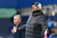 Liverpool's German manager Jurgen Klopp reacts during the English Premier League football match between Everton and Liverpool at Goodison Park in Liverpool, north west England on October 17, 2020. (Photo by Laurence Griffiths / POOL / AFP) / RESTRICTED TO EDITORIAL USE. No use with unauthorized audio, video, data, fixture lists, club/league logos or 'live' services. Online in-match use limited to 120 images. An additional 40 images may be used in extra time. No video emulation. Social media in-match use limited to 120 images. An additional 40 images may be used in extra time. No use in betting publications, games or single club/league/player publications. / (Photo by LAURENCE GRIFFITHS/POOL/AFP via Getty Images)