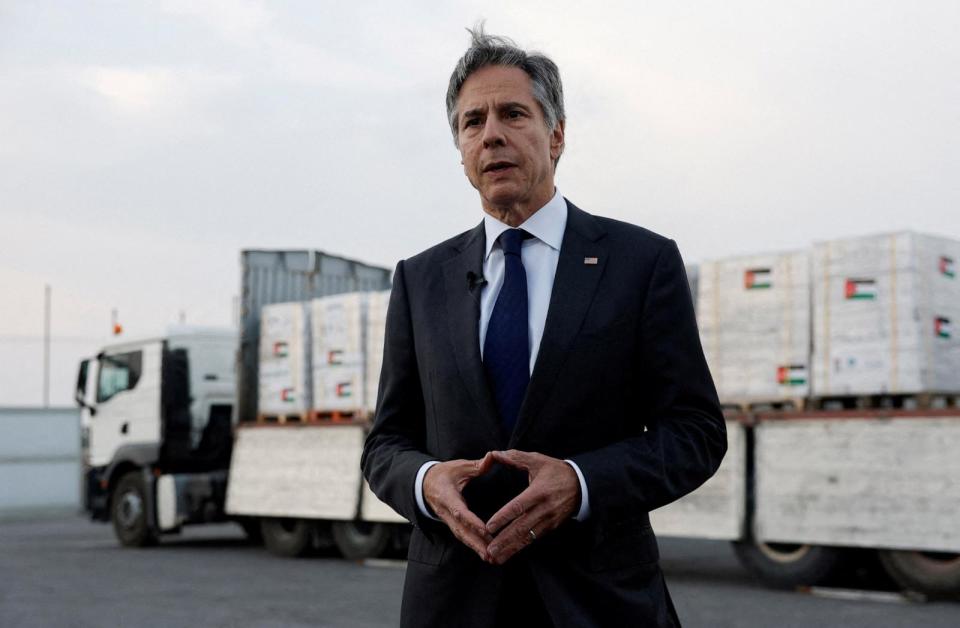 PHOTO: U.S. Secretary of State Antony Blinken speaks to the press in front of truck with humanitarian aid bound for Gaza, at the Jordanian Hashemite Charity Organization in Amman, Jordan, on April 30, 2024. (Evelyn Hockstein/Reuters)