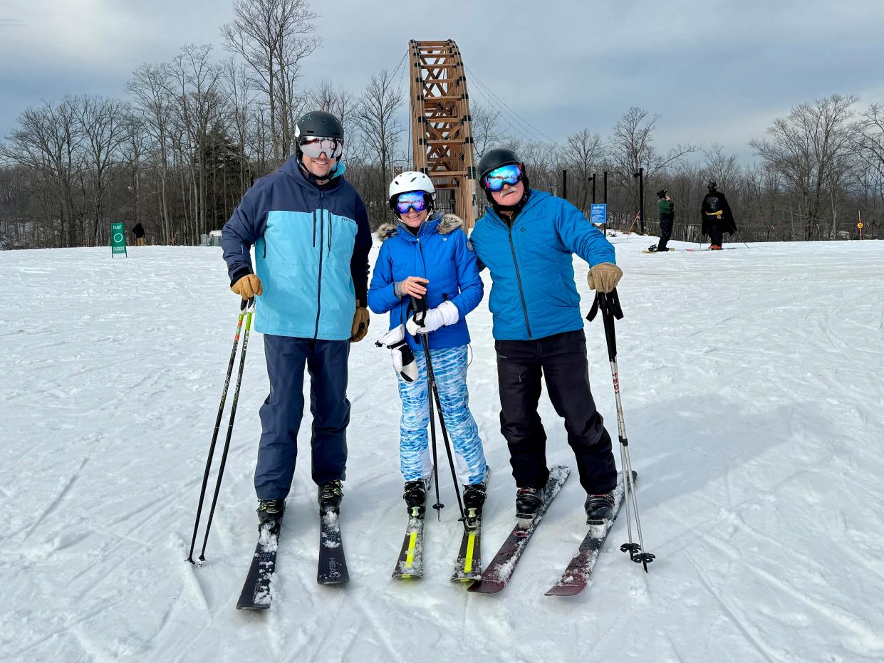 From left, Mike Panich, newly hired as executive director of the Michigan Snowsports Industries Association, skis recently with outgoing director Mickey MacWilliams and MSIA board chairman Steve Kershner at Boyne Mountain in Boyne Falls, Mich.