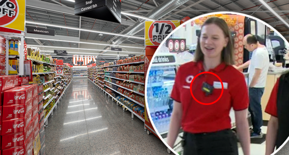 A Coles staffer is seen wearing a bodycam. 