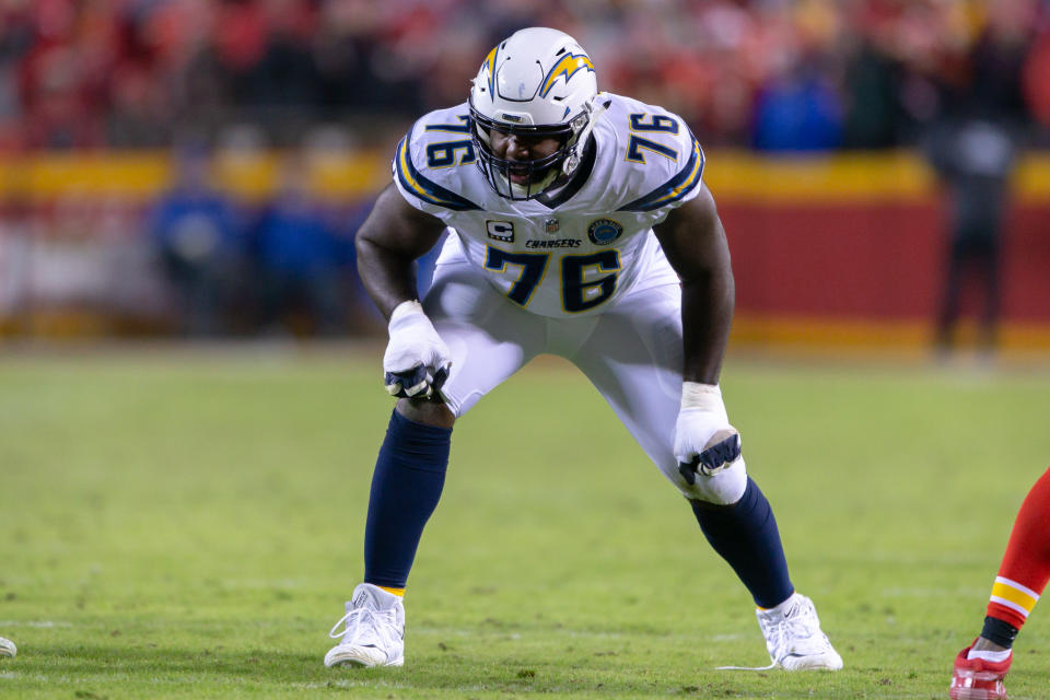 KANSAS CITY, MO - DECEMBER 13: Los Angeles Chargers offensive tackle Russell Okung (76) on the line during the NFL AFC West game against the Kansas City Chiefs on December 13, 2018 at Arrowhead Stadium in Kansas City, Missouri. (Photo by William Purnell/Icon Sportswire via Getty Images)