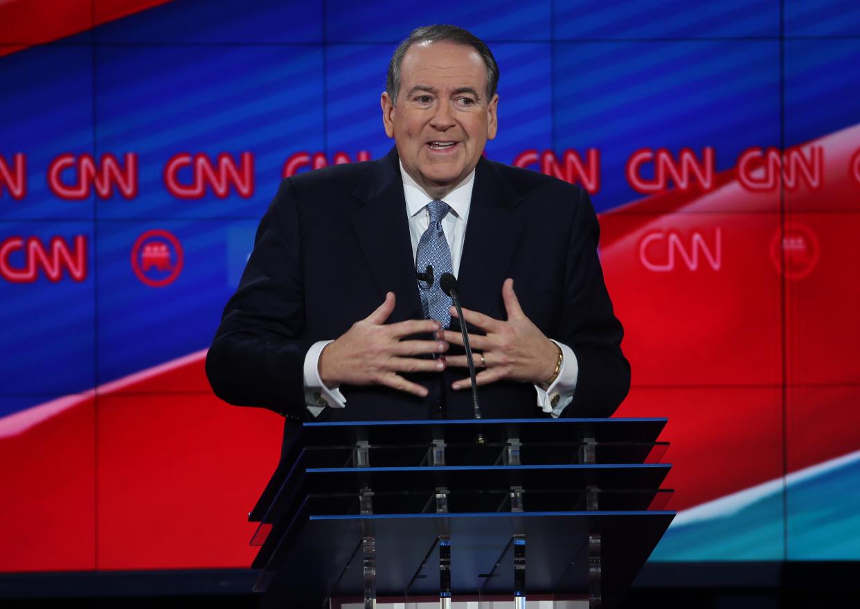 <p>Mike Huckabee, pictured in 2015 during a debate for Republican presidential candidates, has received an online backlash for an ‘anti-Asian’ tweet</p> (Getty)