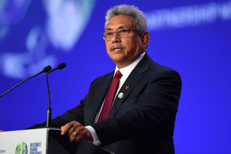 Sri Lanka's President Gotabaya Rajapaksa presents his national statement as a part of the World Leaders' Summit at the UN Climate Change Conference (COP26) in Glasgow
