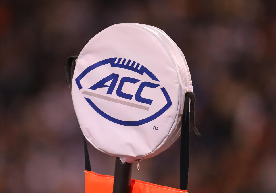 CHARLOTTESVILLE, VA - NOVEMBER 13: ACC logo on sidelines during a game between the Notre Dame Fighting Irish and the Virginia Cavaliers on November 13, 2021, at Scott Stadium in Charlottesville, VA (Photo by Lee Coleman/Icon Sportswire via Getty Images)