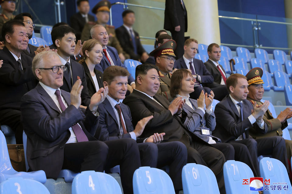 In this photo provided by the North Korean government, North Korea leader Kim Jong Un, third left in front row, watches a performance by walrus at Primorsky Aquarium in Vladivostok, Russian Far East Sunday, Sept. 17, 2023. Independent journalists were not given access to cover the event depicted in this image distributed by the North Korean government. The content of this image is as provided and cannot be independently verified. Korean language watermark on image as provided by source reads: "KCNA" which is the abbreviation for Korean Central News Agency. (Korean Central News Agency/Korea News Service via AP)