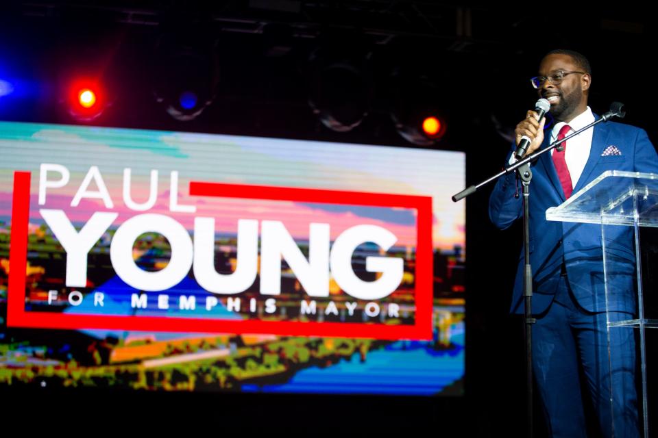 Paul Young gives a victory speech after winning the mayoral election during a watch party at Minglewood Hall in Memphis, Tenn., on Thursday, October 5, 2023. Young won the race with less than 28% of the vote.