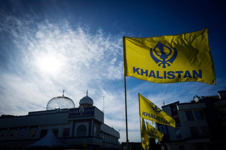 Khalistan flags are seen in Surrey, British Columbia where Hardeep Singh Nijjar was gunned down (AP)