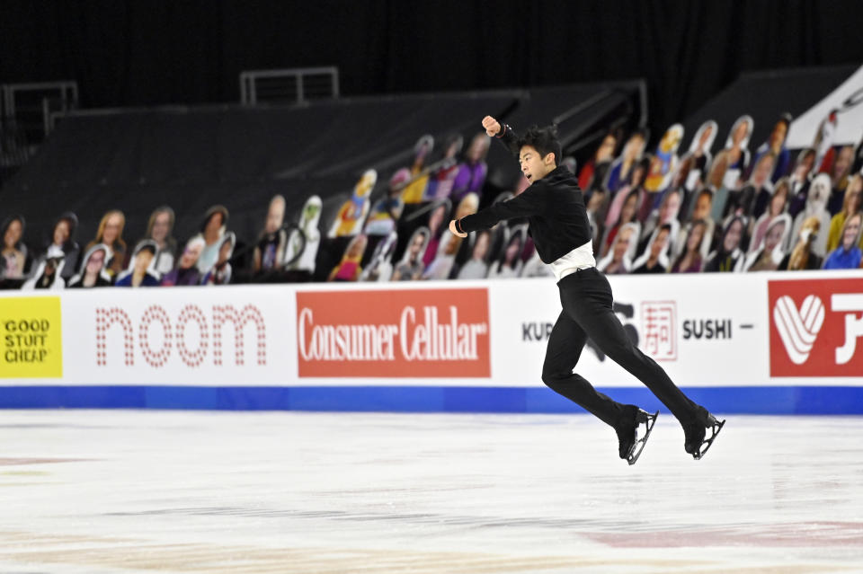 Nathan Chen, of the United States, competes during men's short program in the International Skating Union Grand Prix of Figure Skating Series, Friday, Oct. 23, 2020, in Las Vegas. (AP Photo/David Becker)