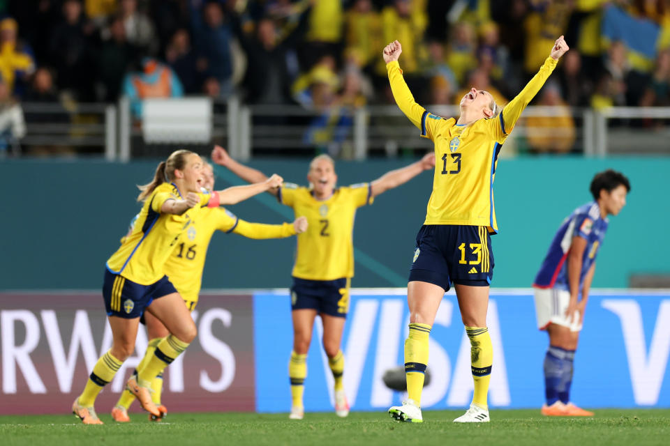 AUCKLAND, NEW ZEALAND - AUGUST 11: Amanda Ilestedt of Sweden celebrates her team's 2-1 victory and advance to the semi final following the FIFA Women's World Cup Australia & New Zealand 2023 Quarter Final match between Japan and Sweden at Eden Park on August 11, 2023 in Auckland, New Zealand. (Photo by Phil Walter/Getty Images)
