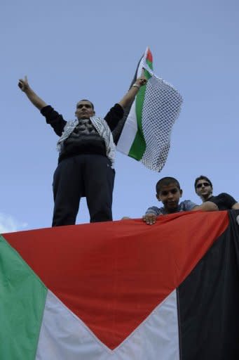 Israeli Arabs wave Palestinian flags during a demonstration in Jaffa to mark the 63rd anniversary of the 1948 creation of Israel in British-mandate Palestine, an event known to Arabs as the "nakba" or "catastrophe" due to the displacement of hundreds of thousands of Palestinians who either fled or were driven out of their homes