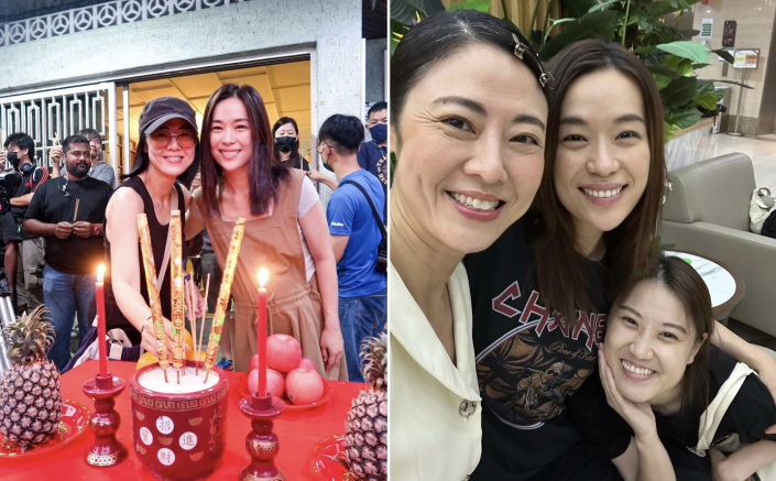 Cynthia Koh on set with co-actress Rebecca Lim filming upcoming 'Confinement' movie in Kuala Lumper 