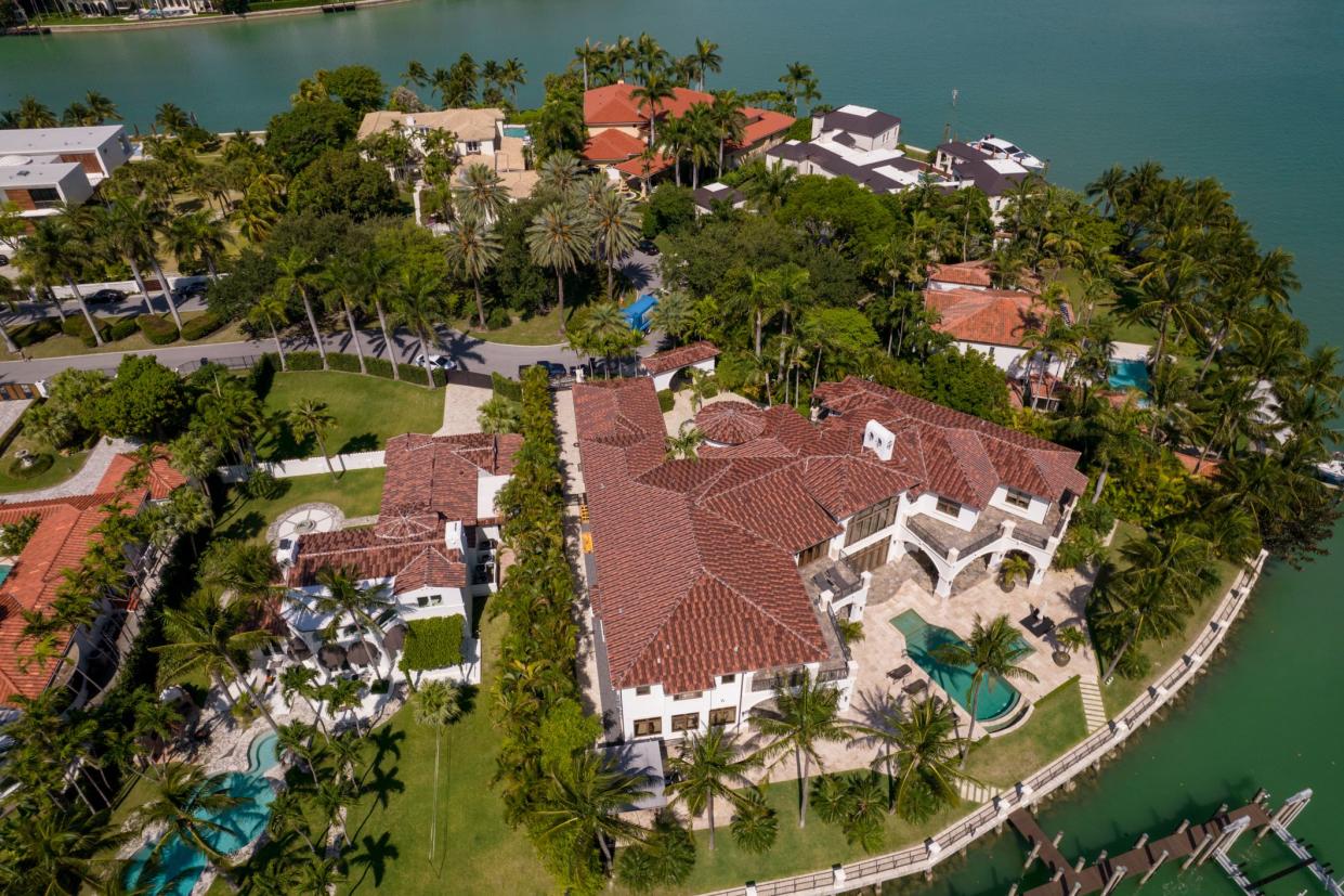 Miami Beach, FL, USA - May 3, 2021: Aerial photo of a luxury single family house on Indian Creek Island Miami Beach