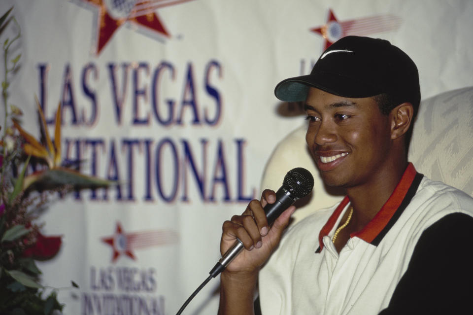 Tiger Woods of the United States celebrates winning his first professional golf tournament at the PGA Las Vegas Invitational on 6th October 1996 at the TPC Summerlin Golf Course, Desert Inn, Las Vegas, Nevada, United States. (Photo by J.D. Cuban/Allsport/Getty Images)