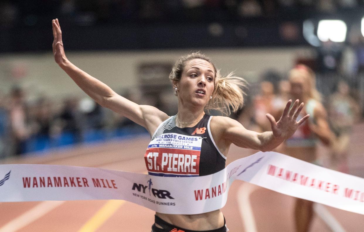 Feb 11, 2024; New York, New York, USA; Elle St. Pierre
of the USA won the WomenÕs Wanamaker Mile and set an American record with a time of 4:16:41 during the Millrose Games at The Armory in New York City Feb. 11, 2024. Mandatory Credit: Seth Harrison/USA Today Network