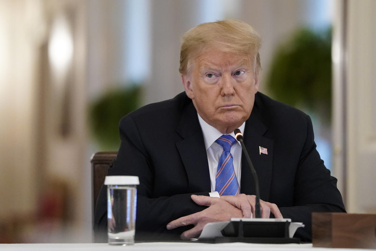 WASHINGTON, DC - JUNE 26: U.S. President Donald Trump participates in a meeting of the American Workforce Policy Advisory Board in the East Room of the White House on June 26, 2020 in Washington, DC. Earlier in the day President Trump canceled his scheduled weekend trip to his private golf club in Bedminster, New Jersey which the state now has a mandatory 14-day quarantine for travelers coming from states with coronavirus spikes. (Photo by Drew Angerer/Getty Images)