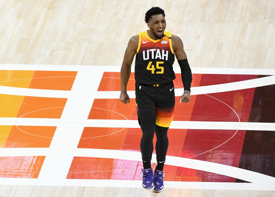 Utah Jazz guard Donovan Mitchell reacts after a play against the Memphis Grizzlies in Game 2 of their Western Conference first-round playoff series on May 26, 2021. Mitchell returned to the court after missing the last 16 games of the regular season the first game of the postseason. (Alex Goodlett/Getty Images)