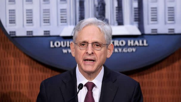 PHOTO: Attorney General Merrick Garland speaks during a press conference on the Justice Departments findings of the civil rights investigation into the Louisville Metro Police Department and Louisville Metro Government, March 8, 2023, in Louisville, Ky. (Luke Sharrett/AFP via Getty Images)