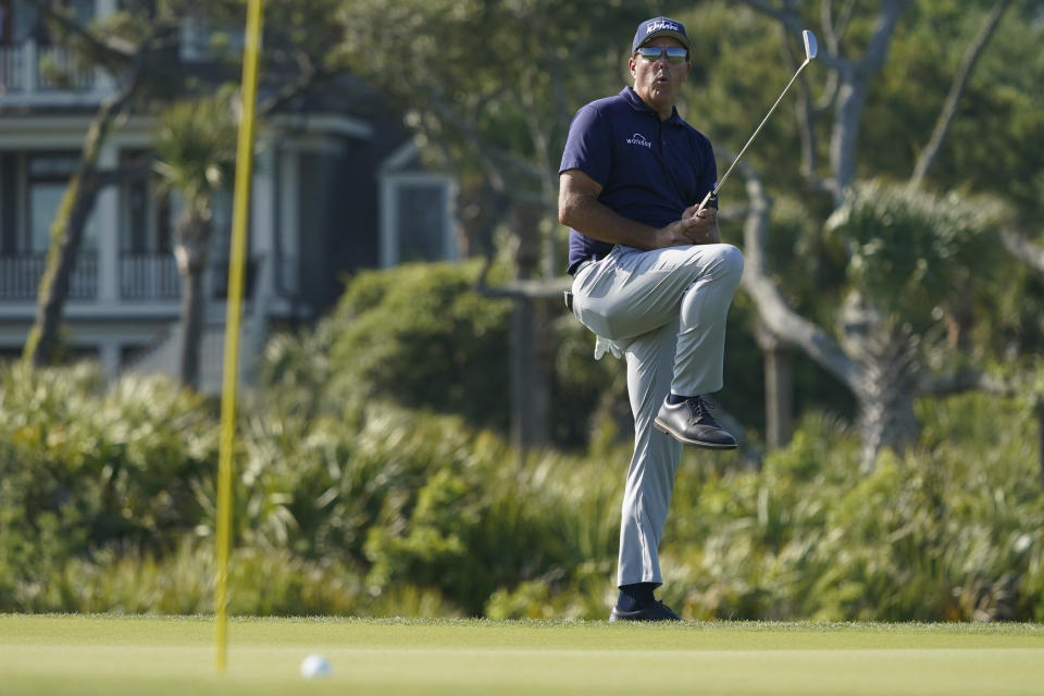 Phil Mickelson misses a putt on the 11th green during the final round at the PGA Championship golf tournament on the Ocean Course, Sunday, May 23, 2021, in Kiawah Island, S.C. (AP Photo/Matt York)