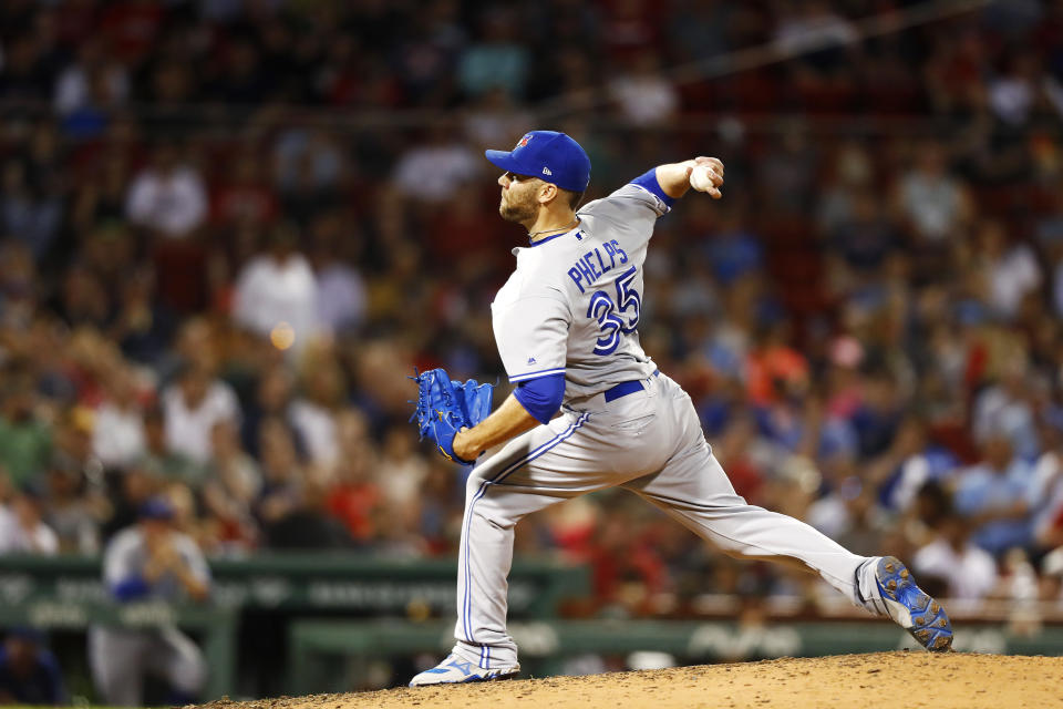 BOSTON, MASSACHUSETTS - JULY 16: Reliever David Phelps #35 of the Toronto Blue Jays pitches in the bottom of the seventh inning of the game against the Boston Red Sox at Fenway Park on July 16, 2019 in Boston, Massachusetts. (Photo by Omar Rawlings/Getty Images)