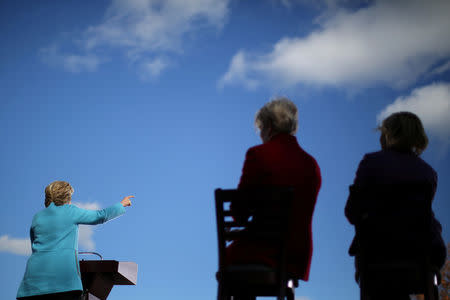 U.S. Senator Elizabeth Warren (D-MA) (C) and New Hampshire Governor Maggie Hassan (R) listen as Democratic U.S. presidential nominee Hillary Clinton delivers remarks during a campaign rally at Alumni Hall Courtyard, Saint Anselm College in Manchester, New Hampshire U.S., October 24, 2016. REUTERS/Carlos Barria