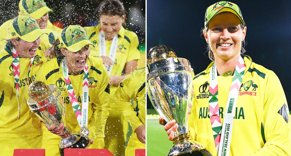 Seen here, Meg Lanning poses with the Women's ODI World Cup trophy.