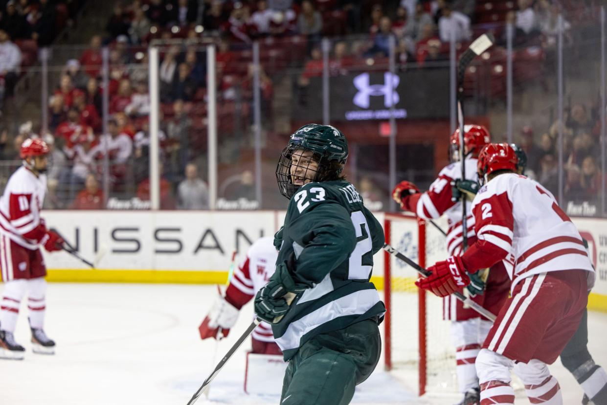 Michigan State forward Reed Lebster celebrates his go-ahead goal in the third period against Wisconsin on Friday, March 1, 2024, at the Kohl Center in Madison, Wisconsin. MSU would go on to win the game 5-2 and secure the program's first Big Ten regular season title.