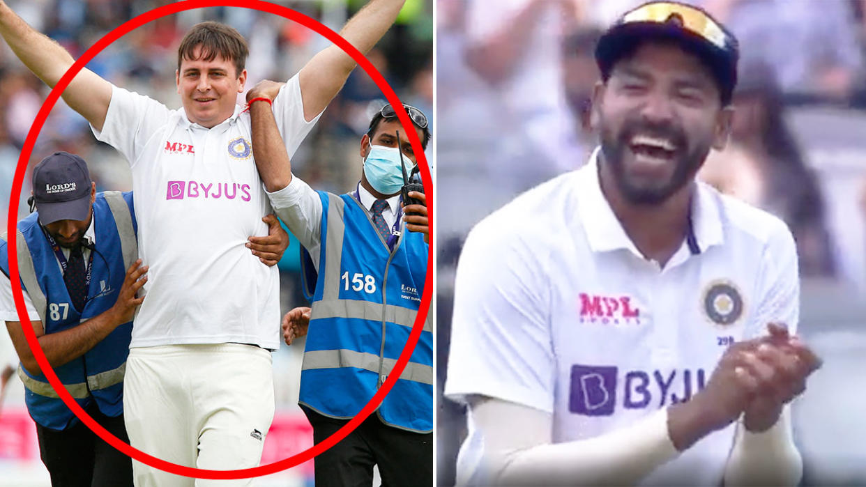 Seen here, a pitch invader poses as an India cricket team player in a hilarious incident.