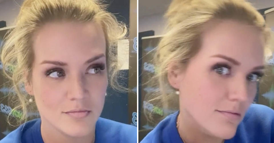 Screenshots of a blonde woman wearing a blue t-shirt from a video by TikTok user @masononthemic