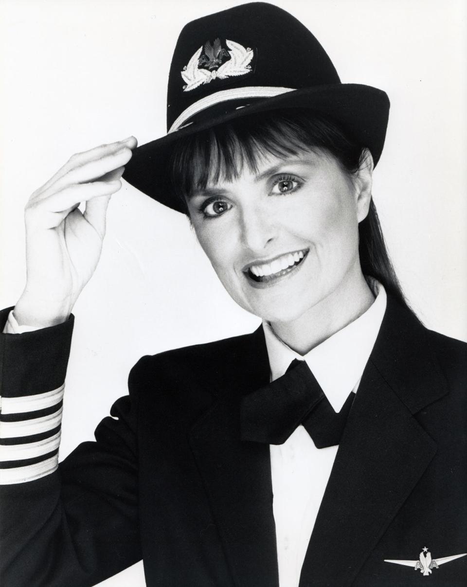 Bonnie Tiburzi, the first woman to fly as a pilot for American Airlines in 1973, with her uniform.