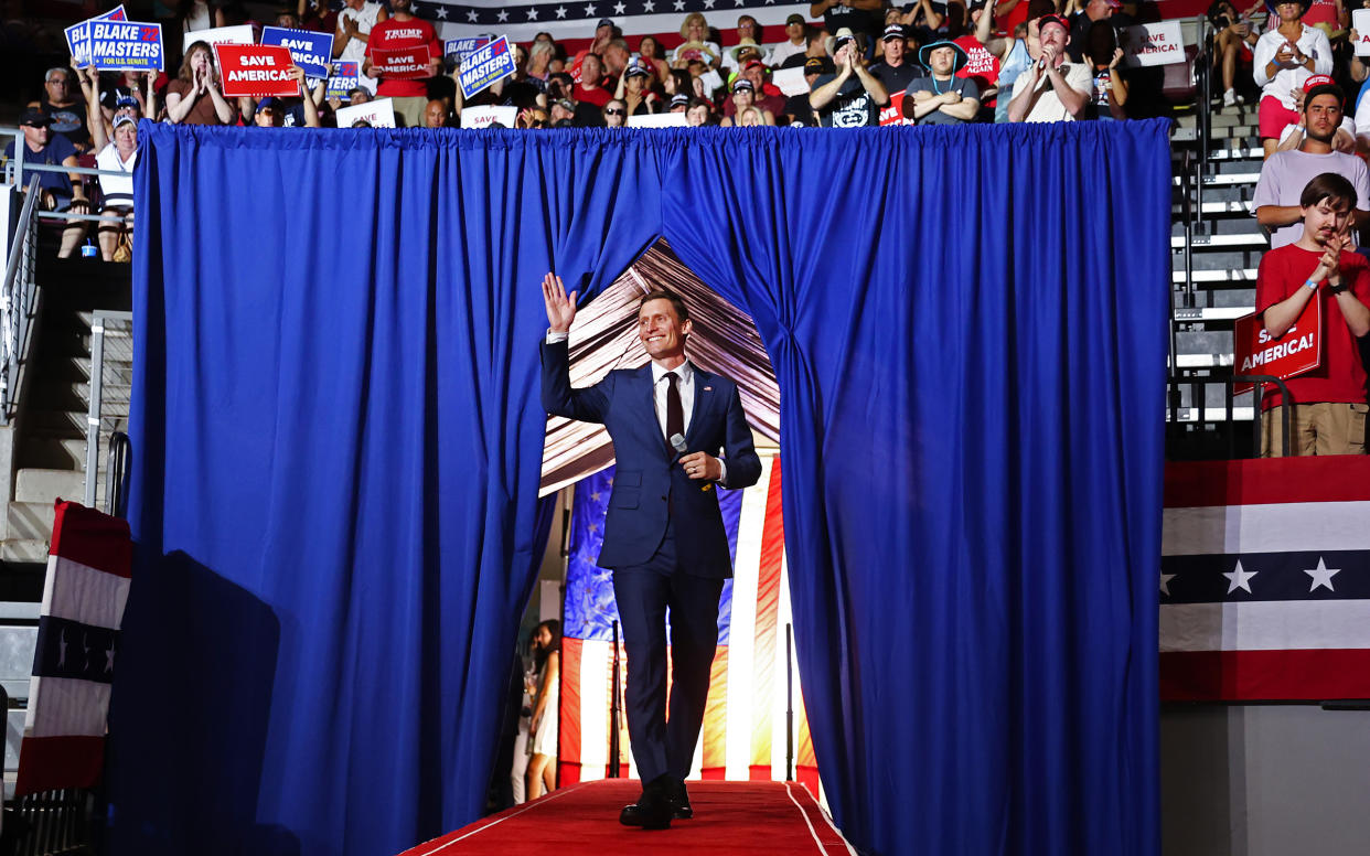 Republican Senate candidate Blake Masters enters a 'Save America' rally by former President Donald Trump in support of Arizona GOP candidates on July 22, 2022 in Prescott Valley, Arizona.