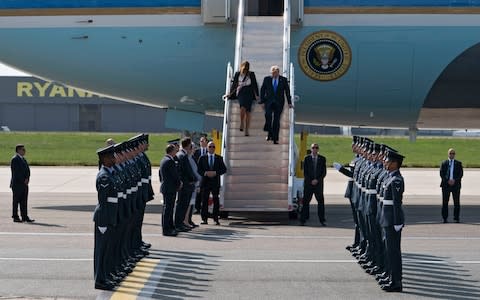 US President Donald J. Trump and First Lady Melania Trump leave Air Force One as they arrive at London Stansted Airport in Essex, UK, June 3, 2019. - Credit: WILL OLIVER/EPA-EFE/REX