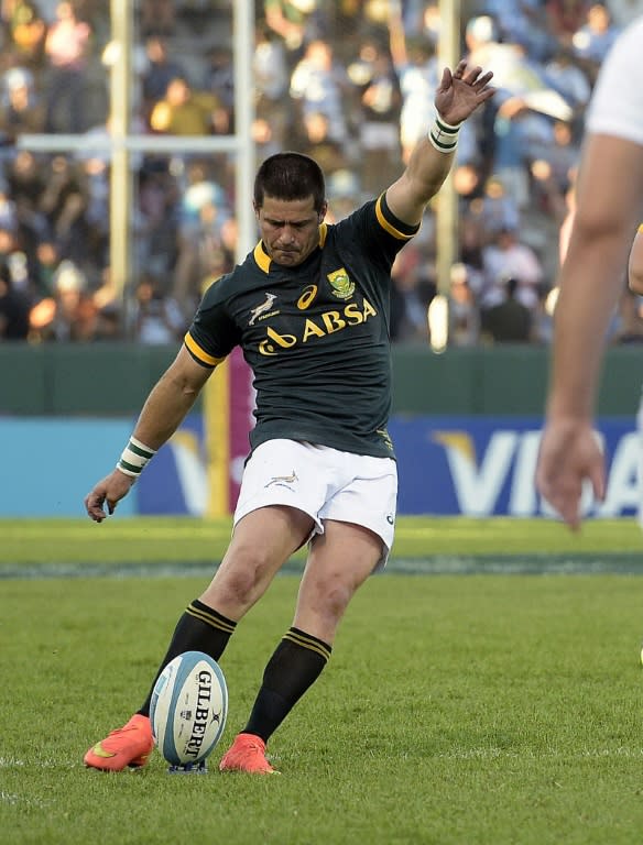 South African Springboks' Morne Steyn strikes to score a penalty against Argentina, during a Rugby Championship match in Salta, in August 2014