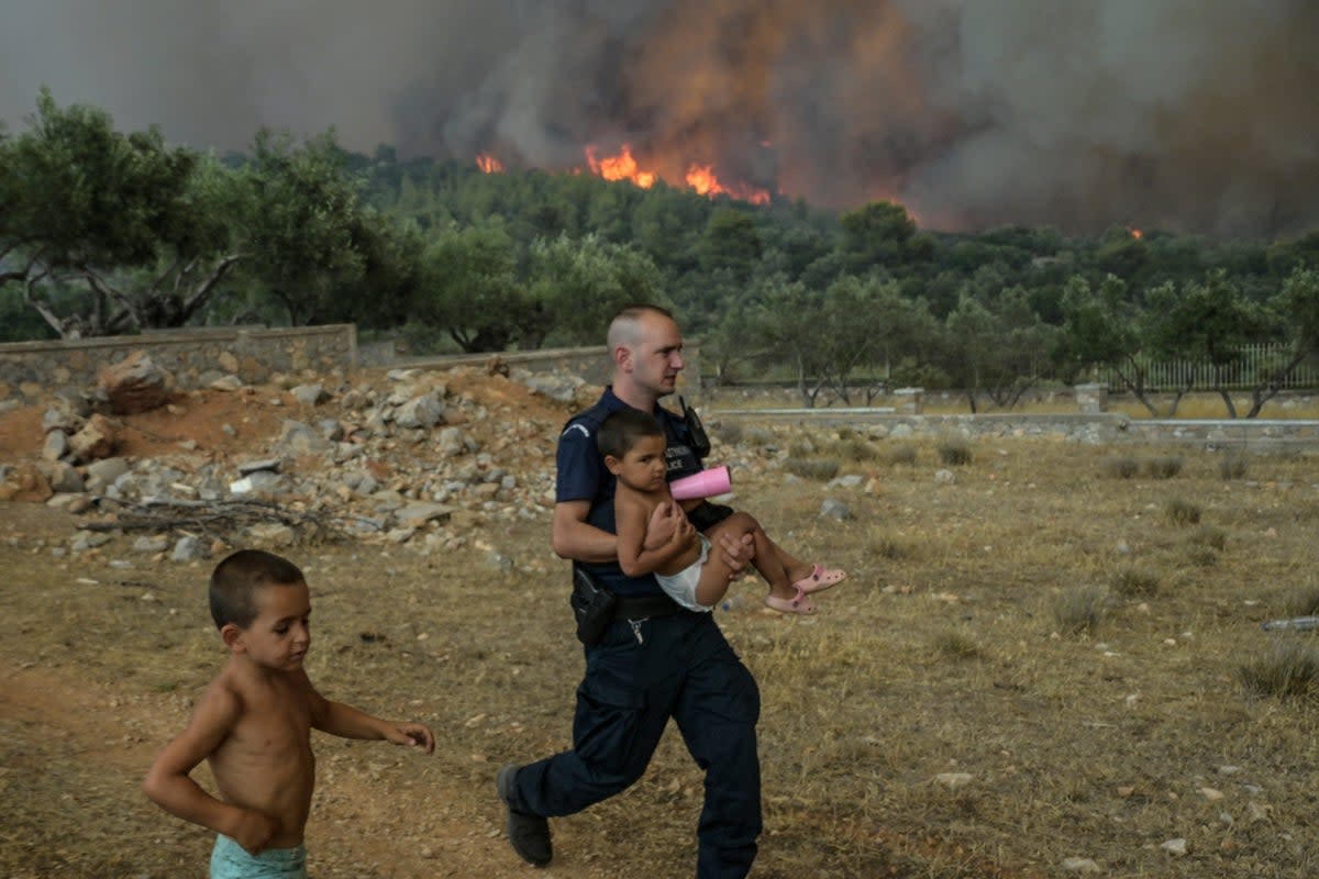 A Greek policeman evacuates a child from wildfire at the village of Agios Charamlabos, near the capital Athens (AFP via Getty)