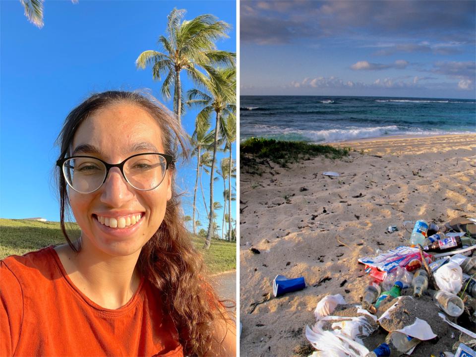 Author Sarah Etinas and garbage on Mokuleia Beach in Oahu, Hawaii 4x3